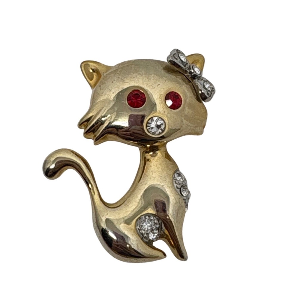 Cat Brooch Red Rhinestone Eyes Crystal Bow Kitten Pin 1.5in Vintage Gold Tone